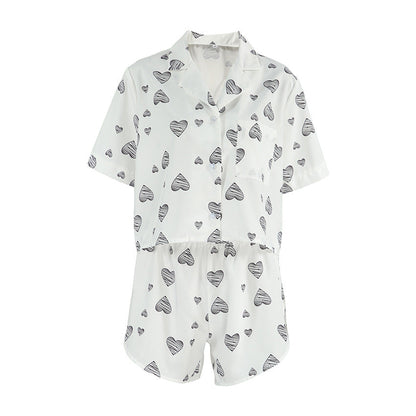 Spring Summer Heart Printing Cardigan Short Sleeve Split Shorts Pajamas Women Comfort Casual Home Wear