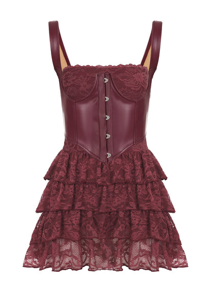 Sexy Leather Bra Strap Lace Stitching Puffy Tiered Dress Summer Set