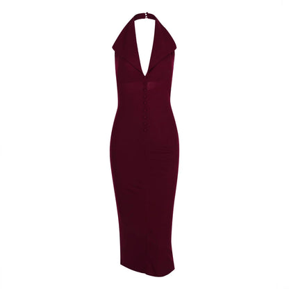 Sexy Women Clothing Sexy Backless V neck Midi Dress Skinny Sheath Split Halter Dress