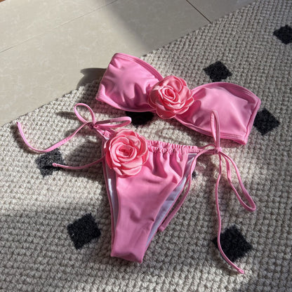 Solid Color Rose Tube Top Drawstring Strap Split Swimsuit Bikini