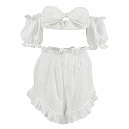 Sexy Summer Pajamas Plaid Retro off Shoulder Ruffled Shorts Two Piece Thin Ladies Homewear