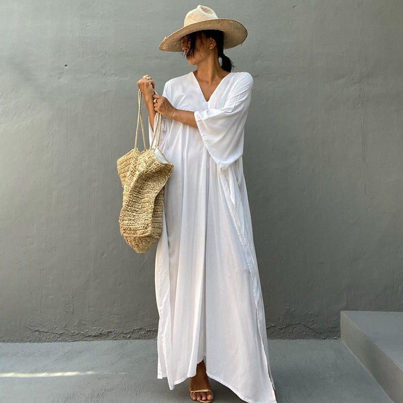 Rayon Solid Color Blouse Seaside Vacation Dress Loose Overclothes Bikini Swimsuit Robe Outer Wear Women