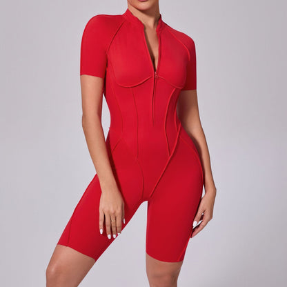 Summer Zipper Short Sleeve Outer Wear Fitness Yoga Jumpsuit Women Dance Tight Sports Jumpsuit