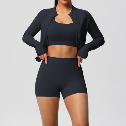 Solid Color Cloud Sense Yoga Bra Sports Coat Pilates Running Shorts Fitness Yoga Wear Three Piece Set for Women