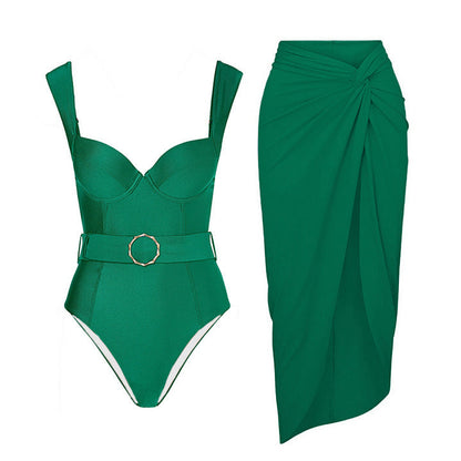 Solid Color One Piece Women Swimwear French Retro Cover Belly Slimming Swimsuit