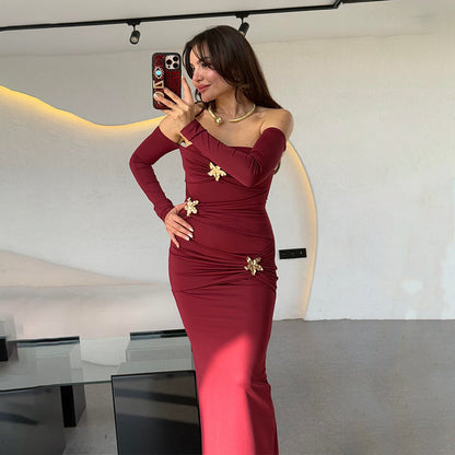 Pleated Long Sleeved Women Dress Fashionable Sexy Sheath Slim Fit Dress