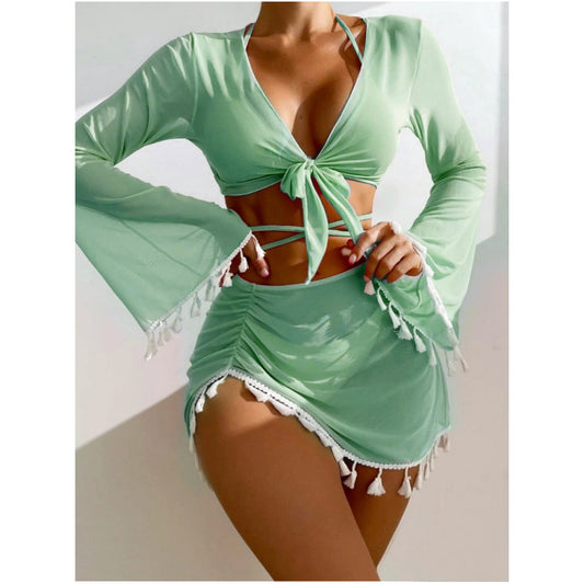 Solid Color Tassel Four Piece Swimsuit Bikini Bikini Swimsuit for Women