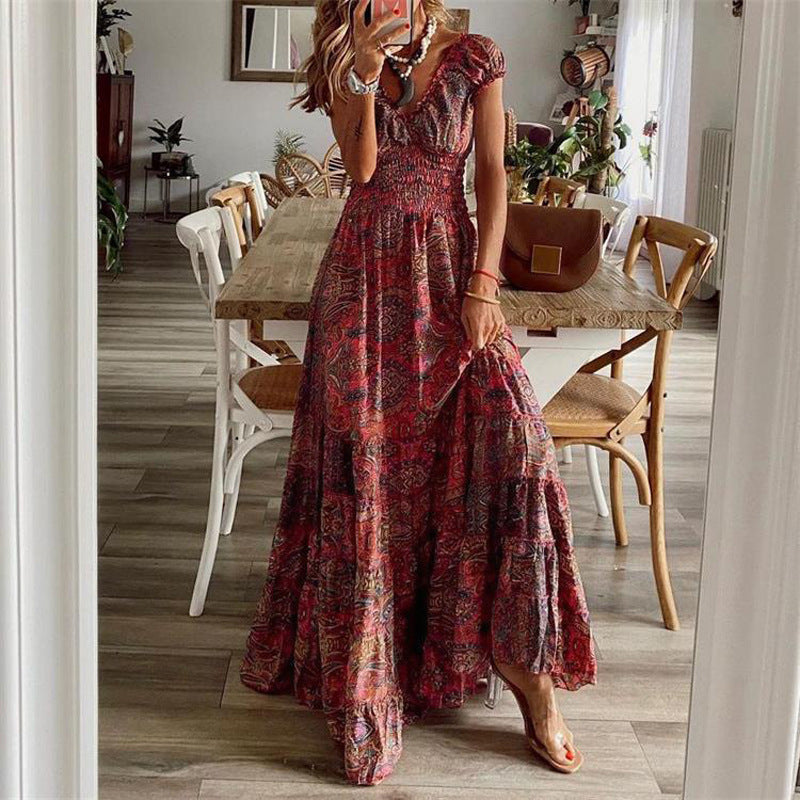 Bohemian Summer Maxi Dress High Waist V Neck Floral Print Large Swing Dress