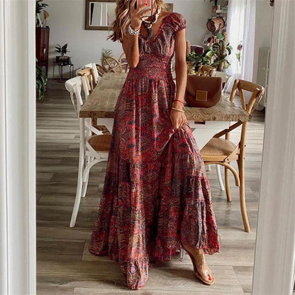 Bohemian Summer Maxi Dress High Waist V Neck Floral Print Large Swing Dress