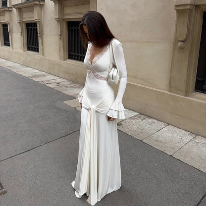Spring Women Elegant Dress Elegant Design Sexy Lace Stitching Slim Fit Maxi Dress