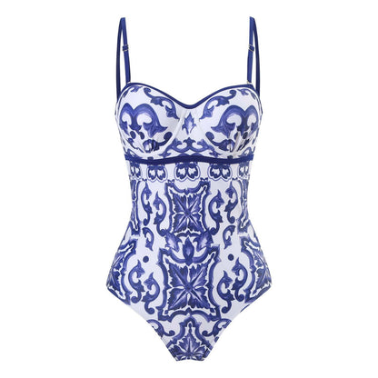 One Piece Swimsuit Women Skinny Slimming Vintage Printed Chiffon Dress with Steel Bracket Hard Bag Swimsuit