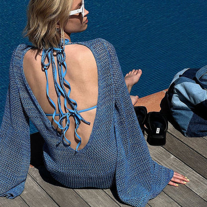 Knitted Loose Bat Sleeve Sexy Backless Beach Bikini Cutout Blouse Dress Women Crochet hook