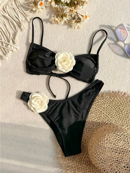Three Dimensional Floral Sexy Bikini Swimsuit Women Vacation Beach Bikini Swimsuit