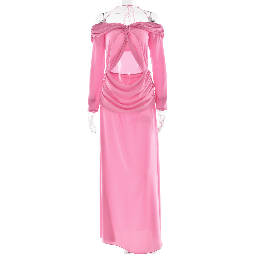 Summer Arrival Twisted Chiffon off Shoulder Maxi Dress Sexy Cropped Pleated Dress