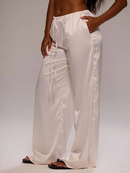 Women Clothing Trendy Autumn Satin Satin Casual Pants Loose Wide Leg Drawstring Long Pants