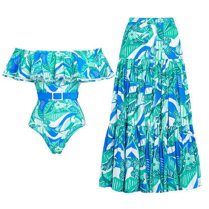 Off Shoulder Ruffled Printed One Piece Swimsuit Women