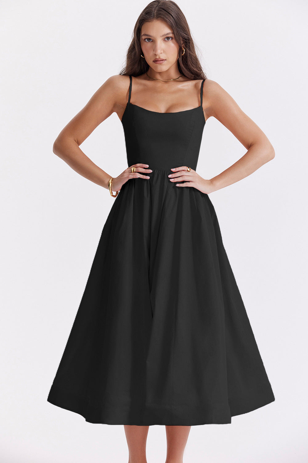 Women Clothing Solid Color Sexy Backless Spaghetti Straps Large Swing Dress Women