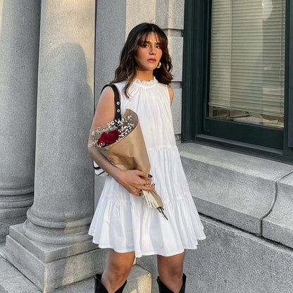 Spring Summer All Match White Elegant Dress round Neck Sexy Bow Lace up Elegant Loose Short Women Clothing