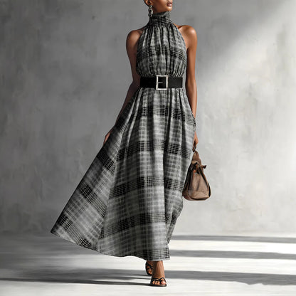 Halter Sleeveless Plaid High Waist Lace up Waist Draping Effect Large Hem A line Dress French Dress