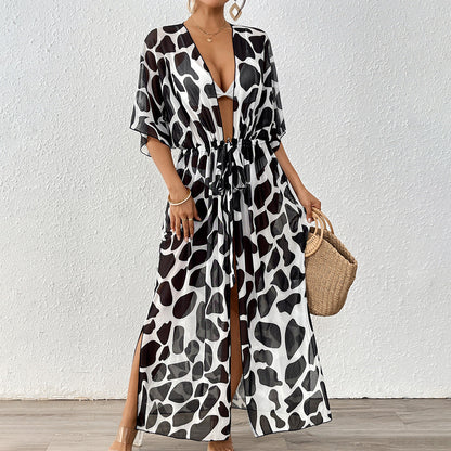 Women Cardigan Women Clothing Batwing Sleeve Lace up Waist Controlled Leopard Print Mesh Beach Beach Cover Up