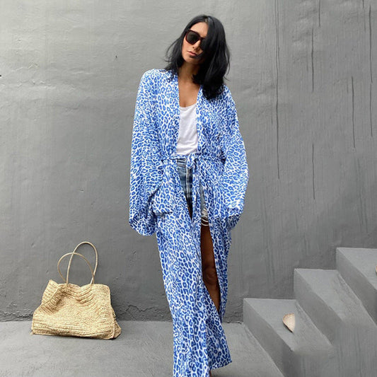 Leopard Print Long Cardigan Loose Beach Sun Protection Coat Beach Cover Up Swimsuit Outwear Women