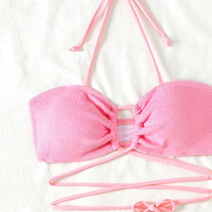 Split Swimsuit Women Hollow Out Cutout Sexy Bikini Triangle Two Piece Set Lace up Solid Color