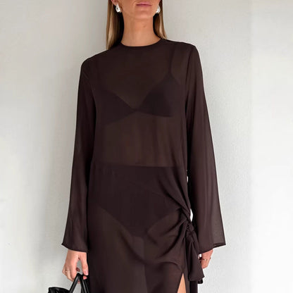 Spring Summer Arrival Mesh See through round Neck Long Sleeve Lace up Bow Split Dress Women