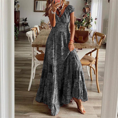 Bohemian Summer Maxi Dress High Waist V Neck Floral Print Large Swing Dress
