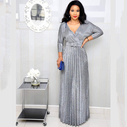 Winter African Women Wear Long Sleeve Bronzing Pleated Swing Dress with Belt Glittering Powder Fabric