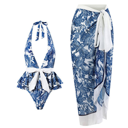 One Piece Swimsuit Women Skinny Slimming Vintage Printed Chiffon Dress With Steel Bracket Hard Bag