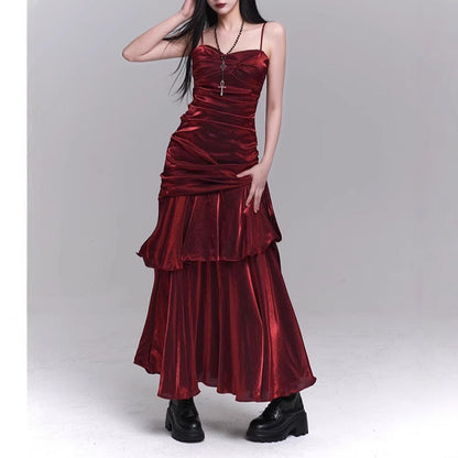 Dark Red Suspenders Dress Concert Birthday Dress High Grade Party Little Dress