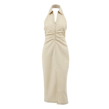 French Khaki Cotton Linen Slim Fit Waist Tight Dress Spring Summer Midi Dress for Women