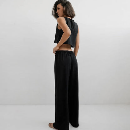 Spring Summer Home Wear Sleeveless Vest Pants Two Piece Set Knitted Emerized Pajamas for Women