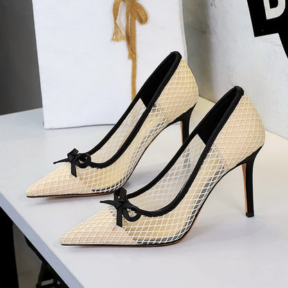 French High Heels Bow Pointed Shallow Mouth Mesh Lace Stiletto Heel Slip on Pumps Women