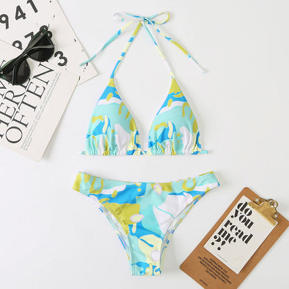 Women Split Sexy Digital Printing Lace up Bikini Swimsuit Swimwear Beach Swimwear