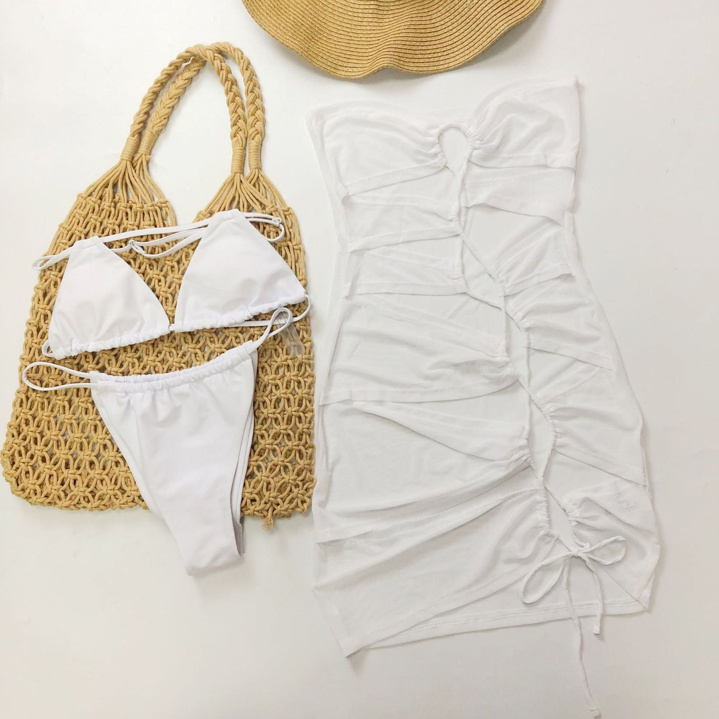 Swimwear Sexy Lacing Bandage Solid Color Ladies Three Piece Set Bikini