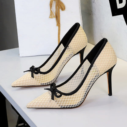 French High Heels Bow Pointed Shallow Mouth Mesh Lace Stiletto Heel Slip on Pumps Women
