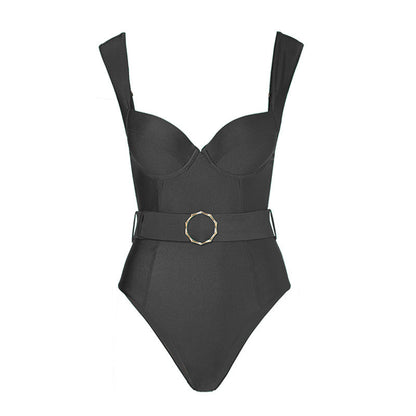 Solid Color One Piece Women Swimwear French Retro Cover Belly Slimming Swimsuit