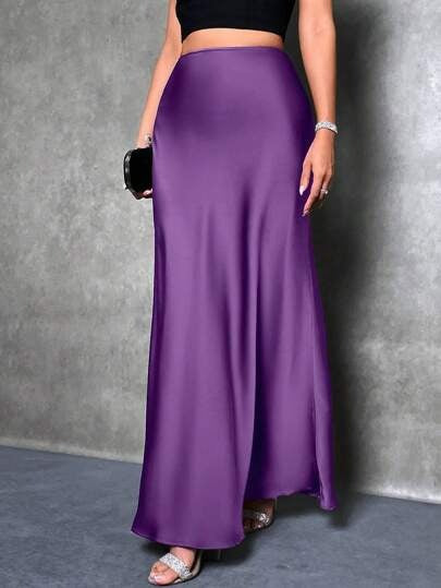 Satin Skirt Autumn Winter Simple A line Long Skirt Women Clothing