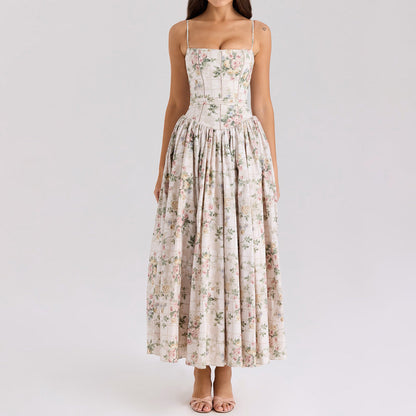 Sexy Printing Slip Dress Summer Slim Fit Backless Maxi Dress Elegant High Sense Summer Beautiful Dress