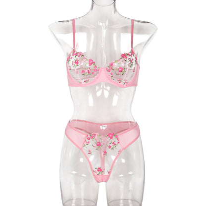 Women Clothing Sexy Lingerie Exquisite Fresh Little Floral Two Piece Embroidery Set