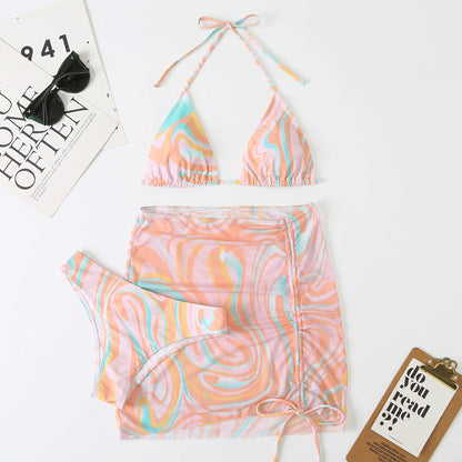Women Swimsuit Women Split Three Piece Skirt Striped Bikini