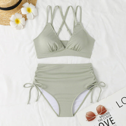 Swimwear Bikini Split High Waist Sunken Stripe Sexy Swimsuit Women Solid Color Split Swimsuit Swimsuit