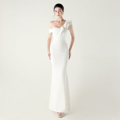 Ruffled One Shoulder Heavy Industry Beads String Slim Fit Satin Fishtail Evening Dress Wedding Red Carpet Cocktail Dress