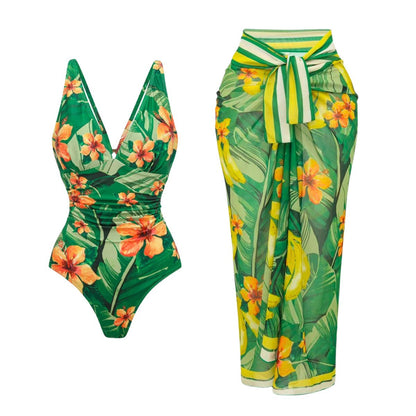 Swimsuit Green Banana Floral Print One Piece Swimsuit Set Women