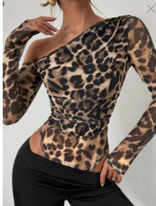 Summer Women Clothing Sexy Oblique Shoulder Design Long Sleeved Women Leopard Print Sexy Jumpsuit