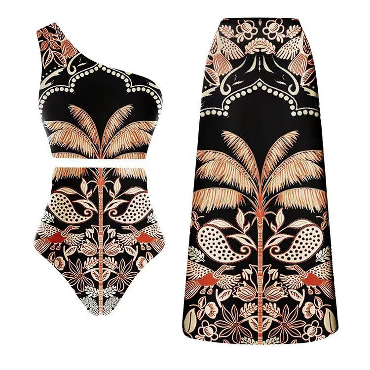 Lonkey Swimwear Retro Printed Mesh Trousers Conservative Swimwear Bikini