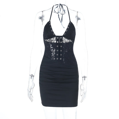 Sexy Lace Sling Dress Summer V neck Backless Lace up Sheath Dress