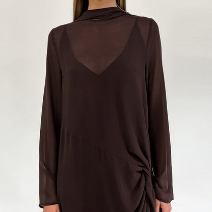 Spring Summer Arrival Mesh See through round Neck Long Sleeve Lace up Bow Split Dress Women