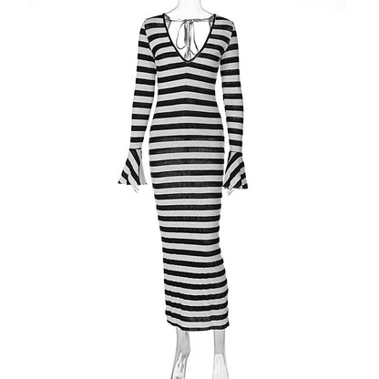 Women Summer Sexy Long Sleeve Striped Printed Dress